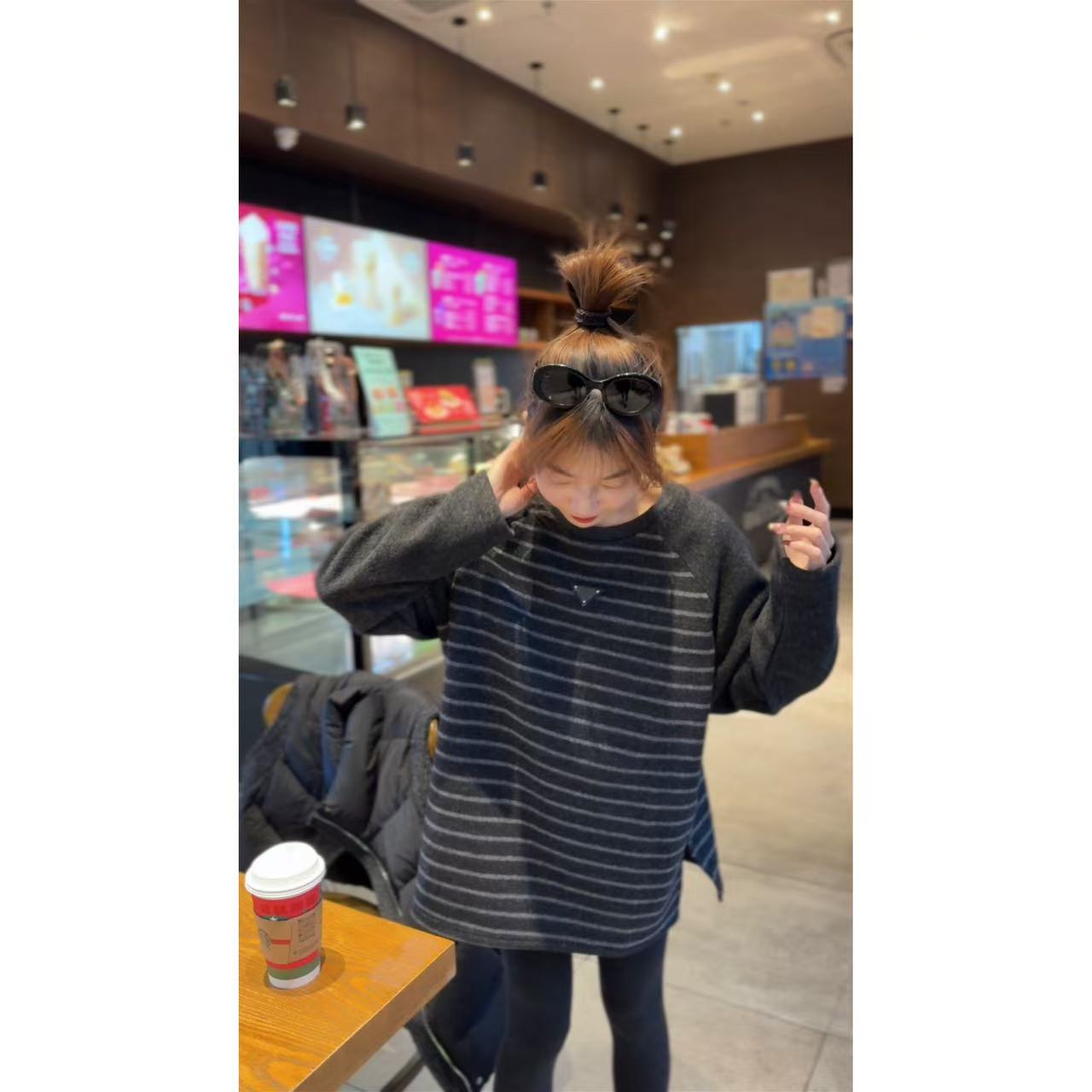 QiongQiong人手款！慵懒风圆领插肩袖拼接条纹加绒宽松打底T