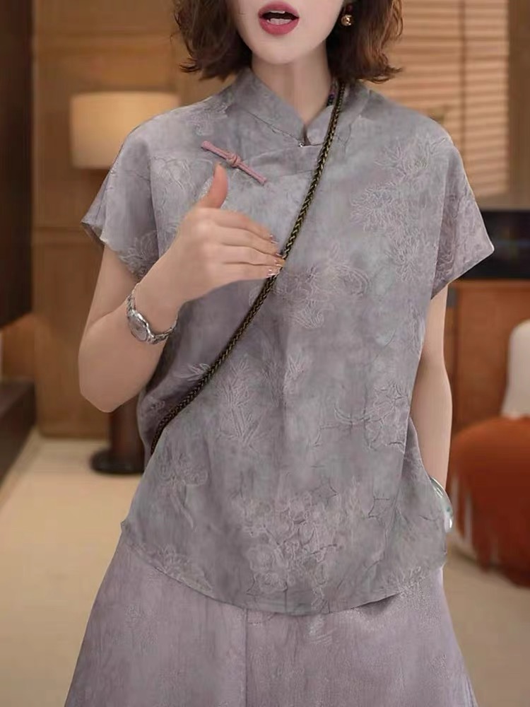 2025夏季新中式国风提花改良唐装短袖衬衫女洋气复古盘扣上衣