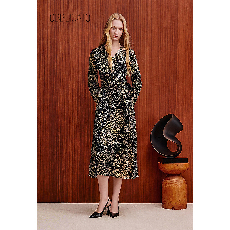 OBBLIGATO奥丽嘉朵2025秋冬1C35505130新品印花收腰真丝连衣裙