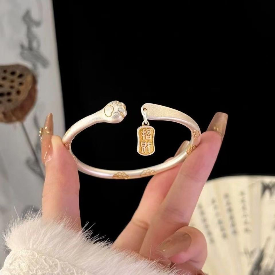 足银坊招财喵古风国风圈口可调节女复古原创设计SK24