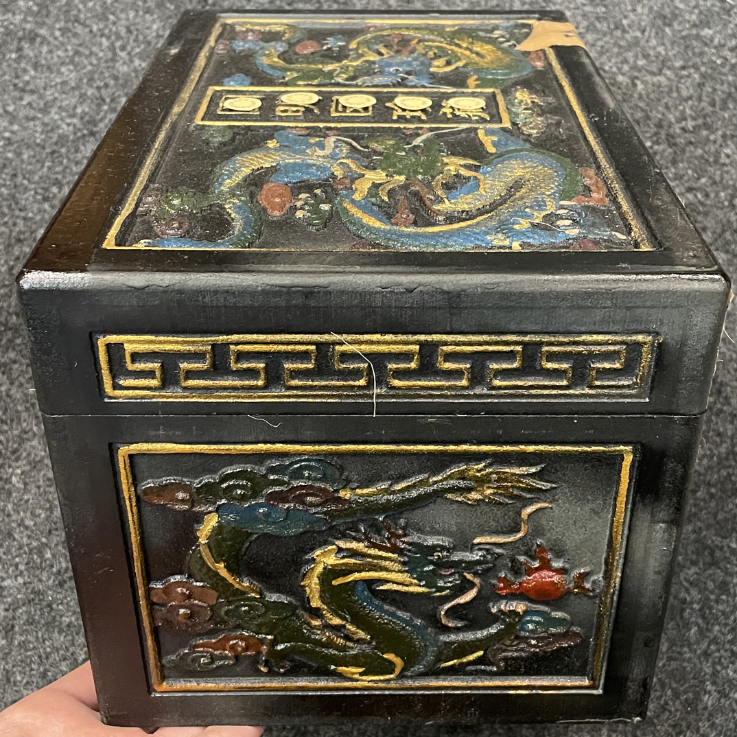 【闪购商品】闷/绿彩漆双龙箱木摆件复古工艺