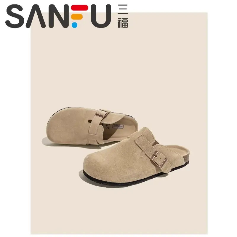 三福2025年秋季新款外穿勃肯鞋女外穿钓鱼软木博肯包头女鞋半拖鞋