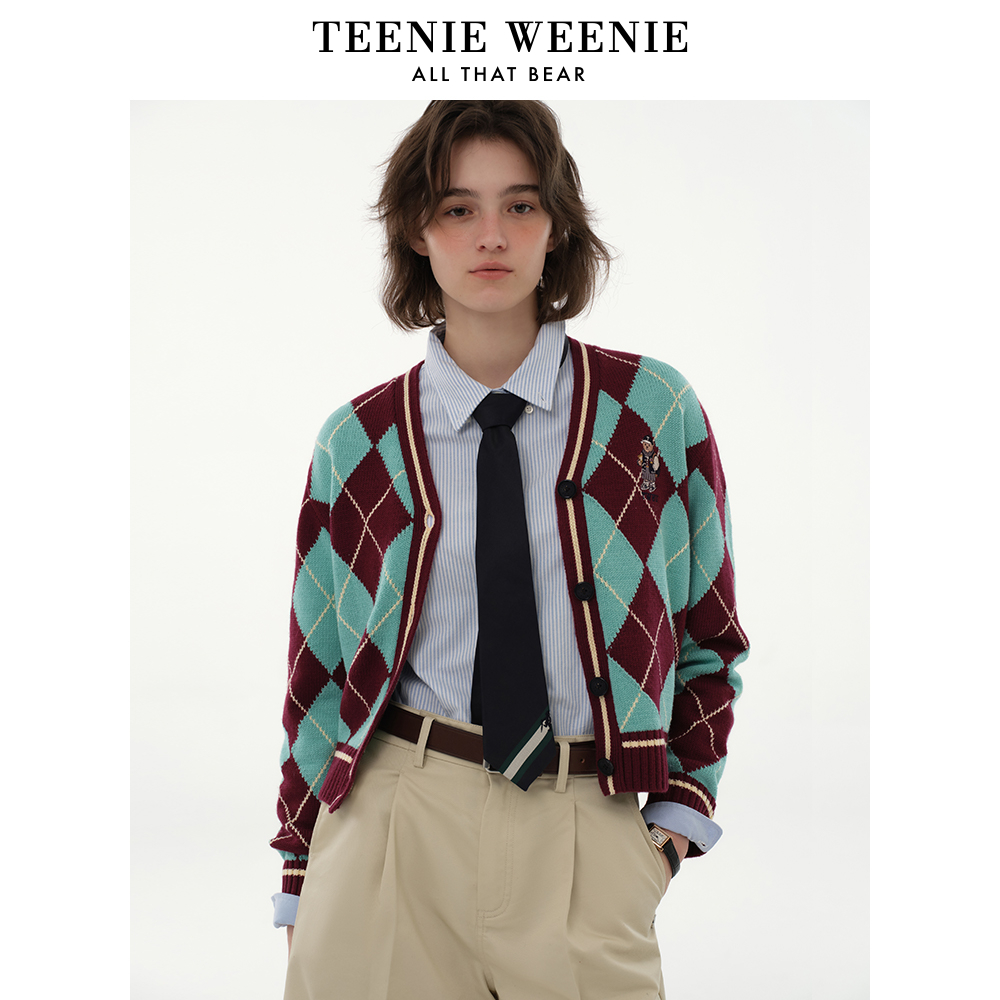 【达人专属】TeenieWeenie小熊24年菱形格毛衣开衫外套TTCK245206N