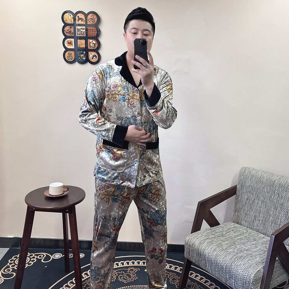 轻奢男士厚款长袖常规睡衣潮流可外穿家居服套装休闲时尚金丝绒