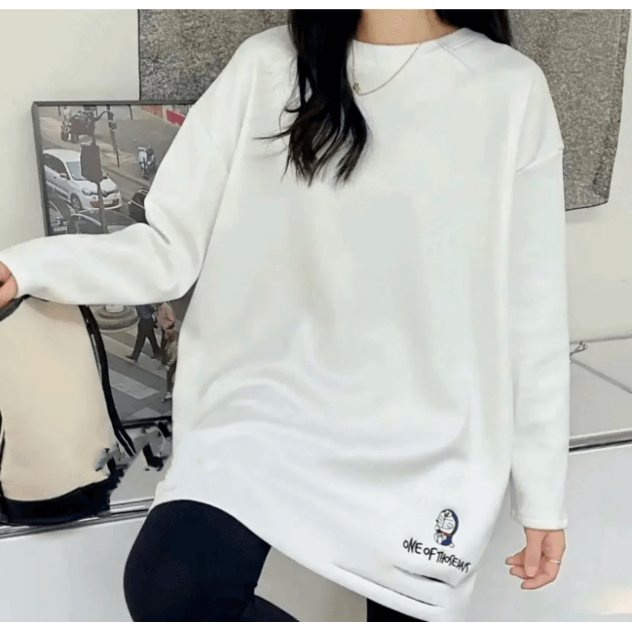 圆领刺绣破洞宽松韩版显瘦内里加绒中长款打底衫女装上衣叮当猫88