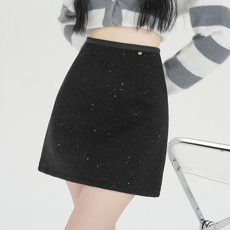 大码2025秋冬小闪闪重工亮片A字裙女冬季毛呢半身裙包臀短裙