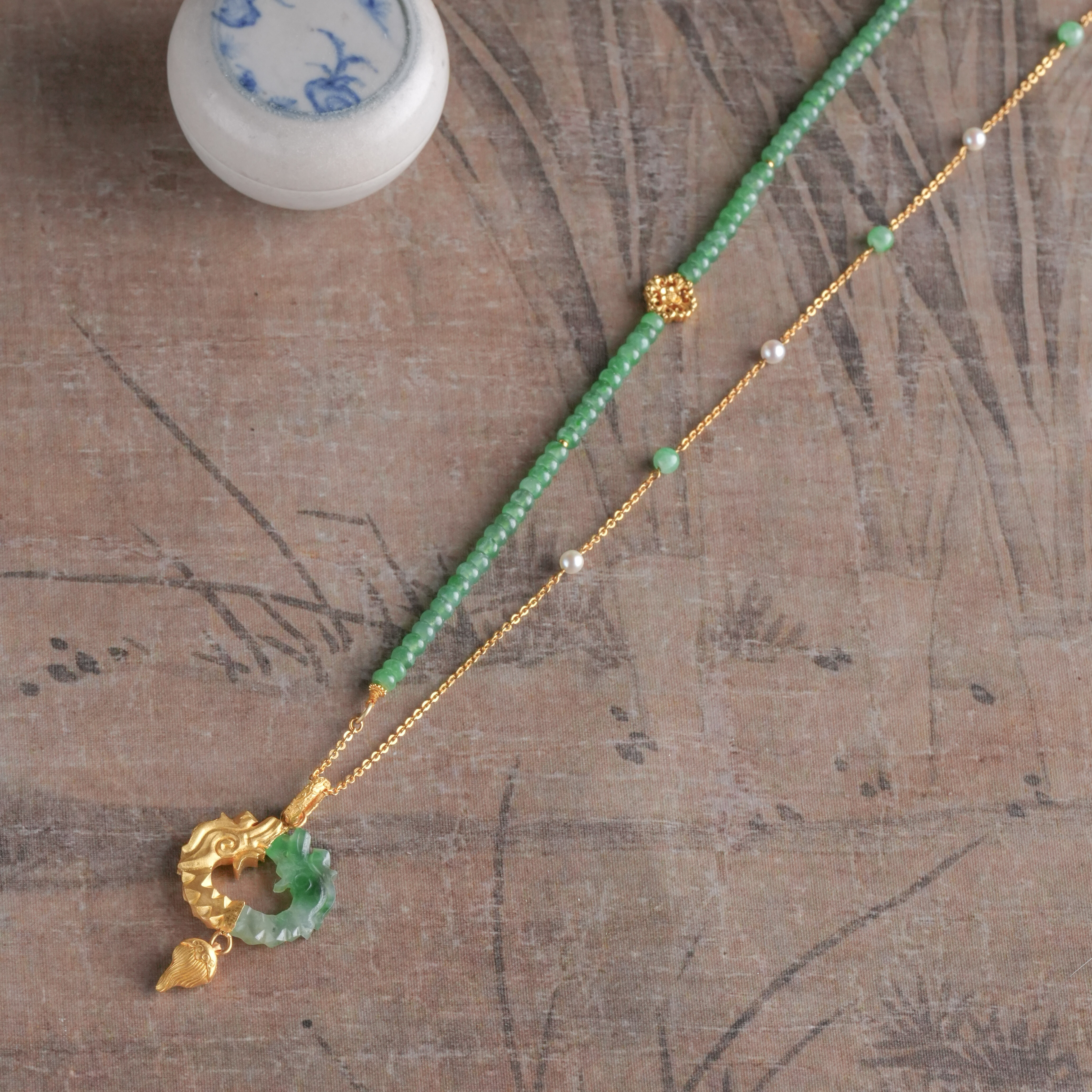 【观月】【佑宁】24K足金镶嵌天然A货翡翠海水珍珠龙头吊坠项链