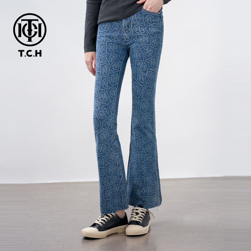 TCH轻奢烫钻工艺印花洋气微喇弹力裤子牛仔裤女T72A206018私服tch