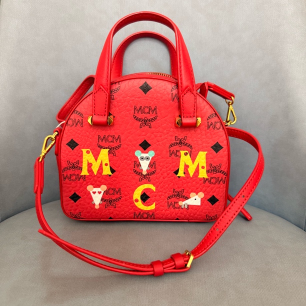 99新 MCM 方姐中古/红色老花小老鼠女士贝壳单肩斜挎包