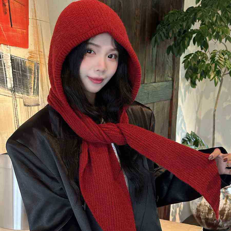 C2999纯色连帽围脖一体针织围巾