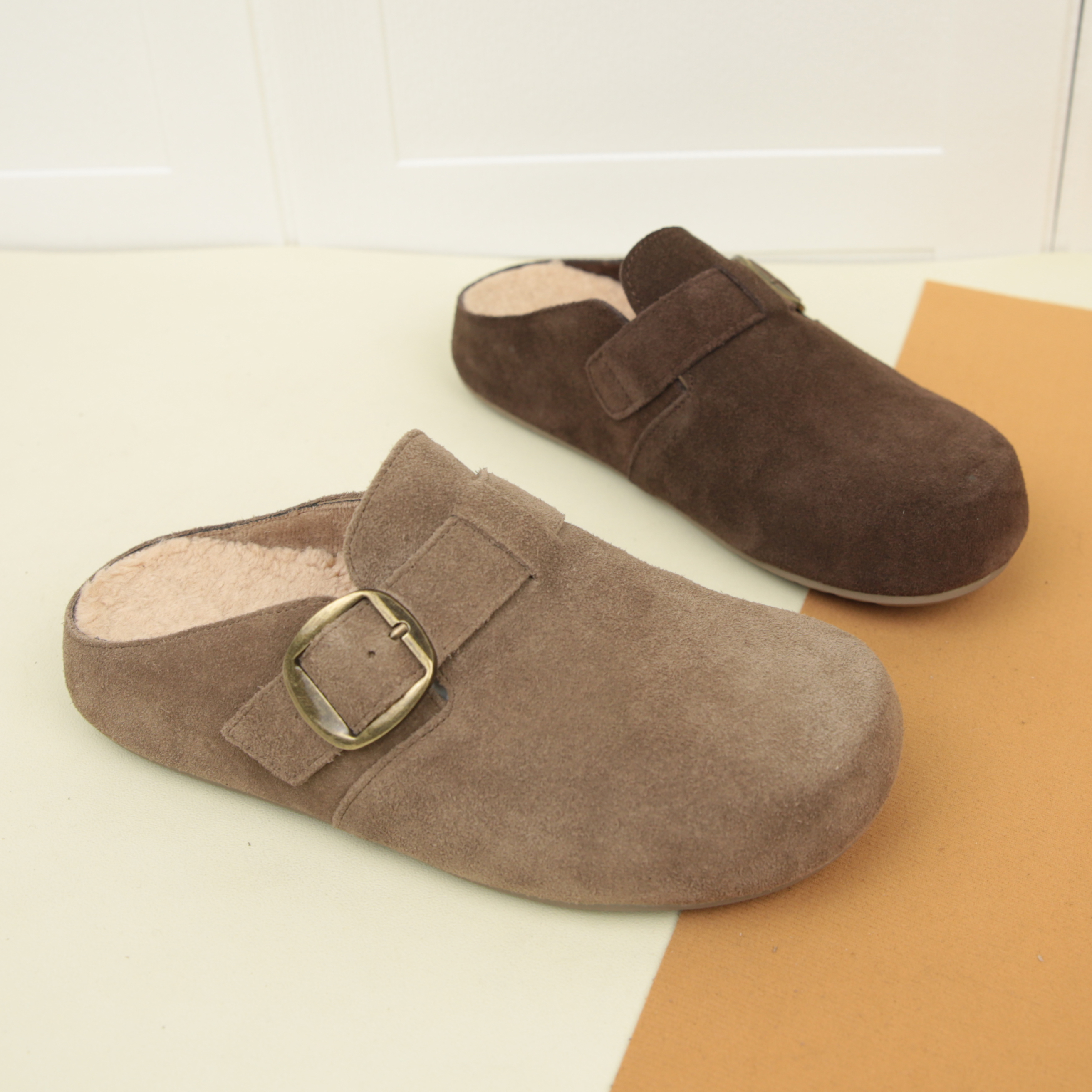 6065冬季新款真皮小厚底勃肯鞋低跟包头拖鞋舒适毛拖百搭增高女鞋