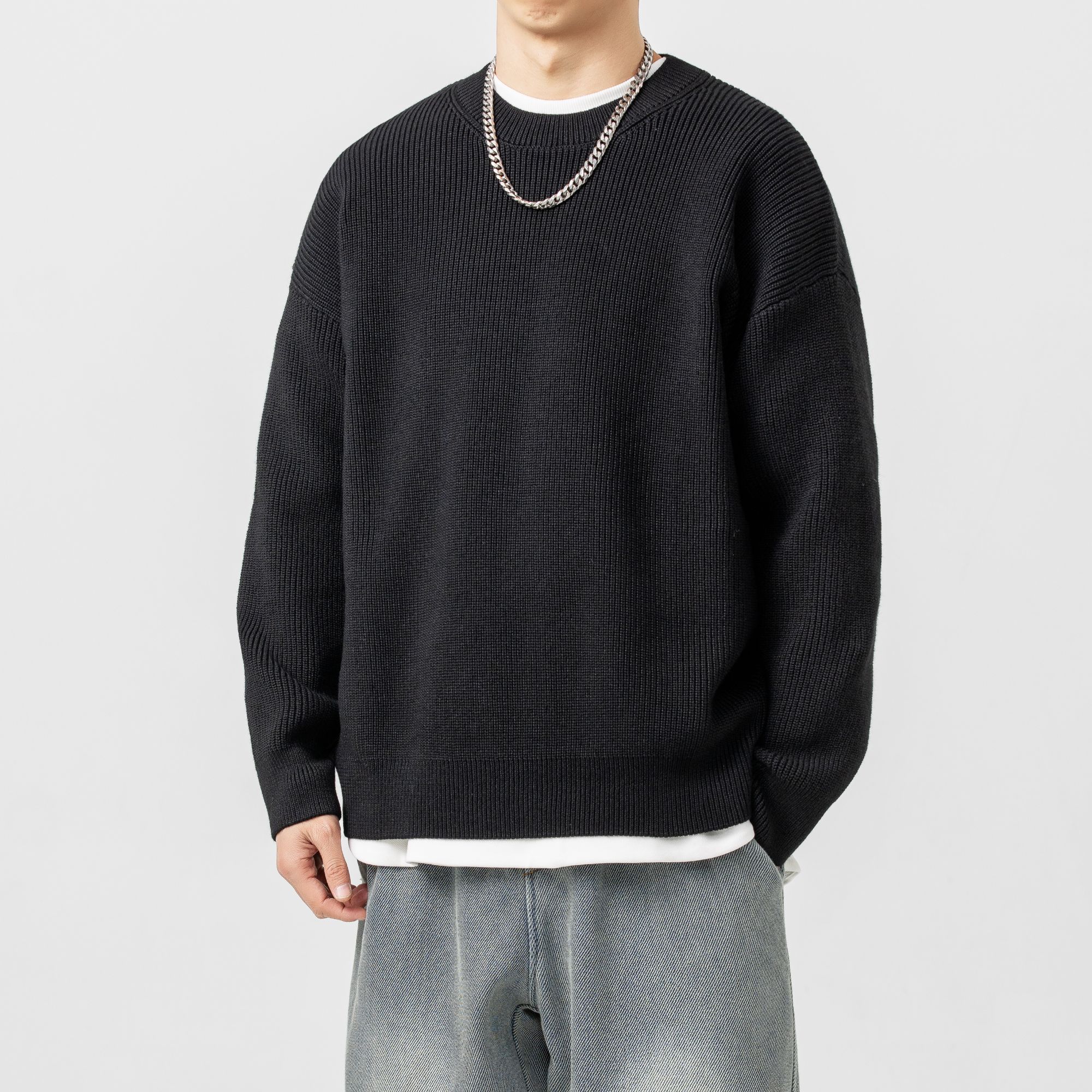 BOGEDIT秋冬纯色百搭玉米格高级套头针织衫男休闲情侣款打底毛衣