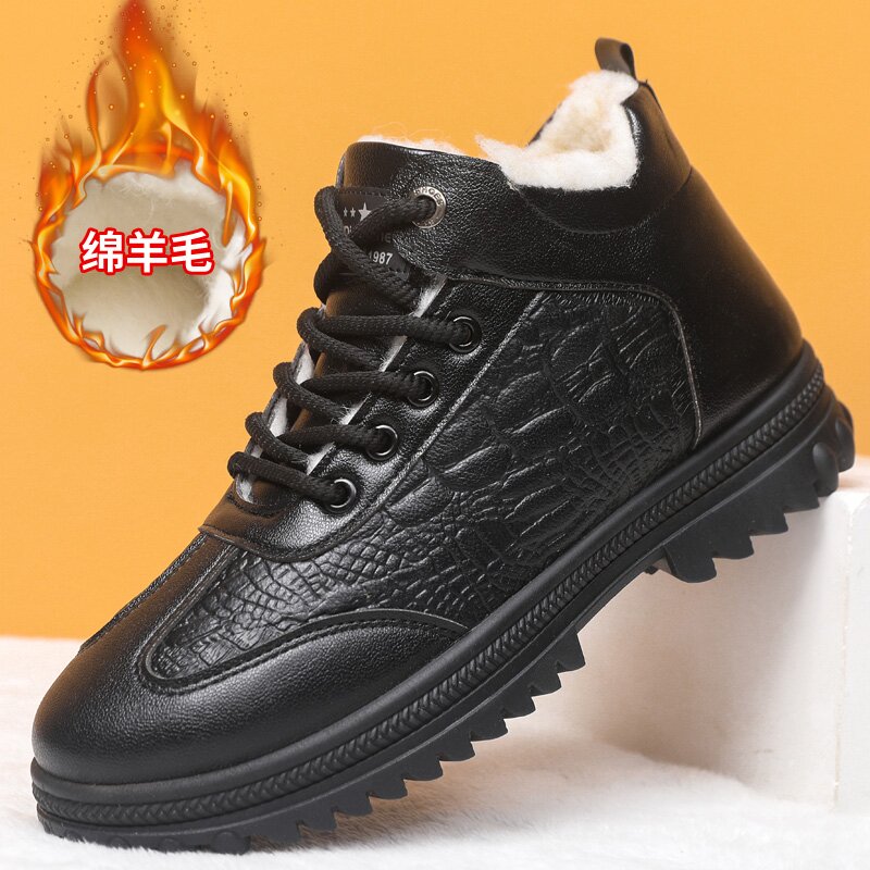 冬款中老年皮棉鞋防寒加绒休闲保暖防滑羊毛棉鞋加厚高帮男皮棉鞋