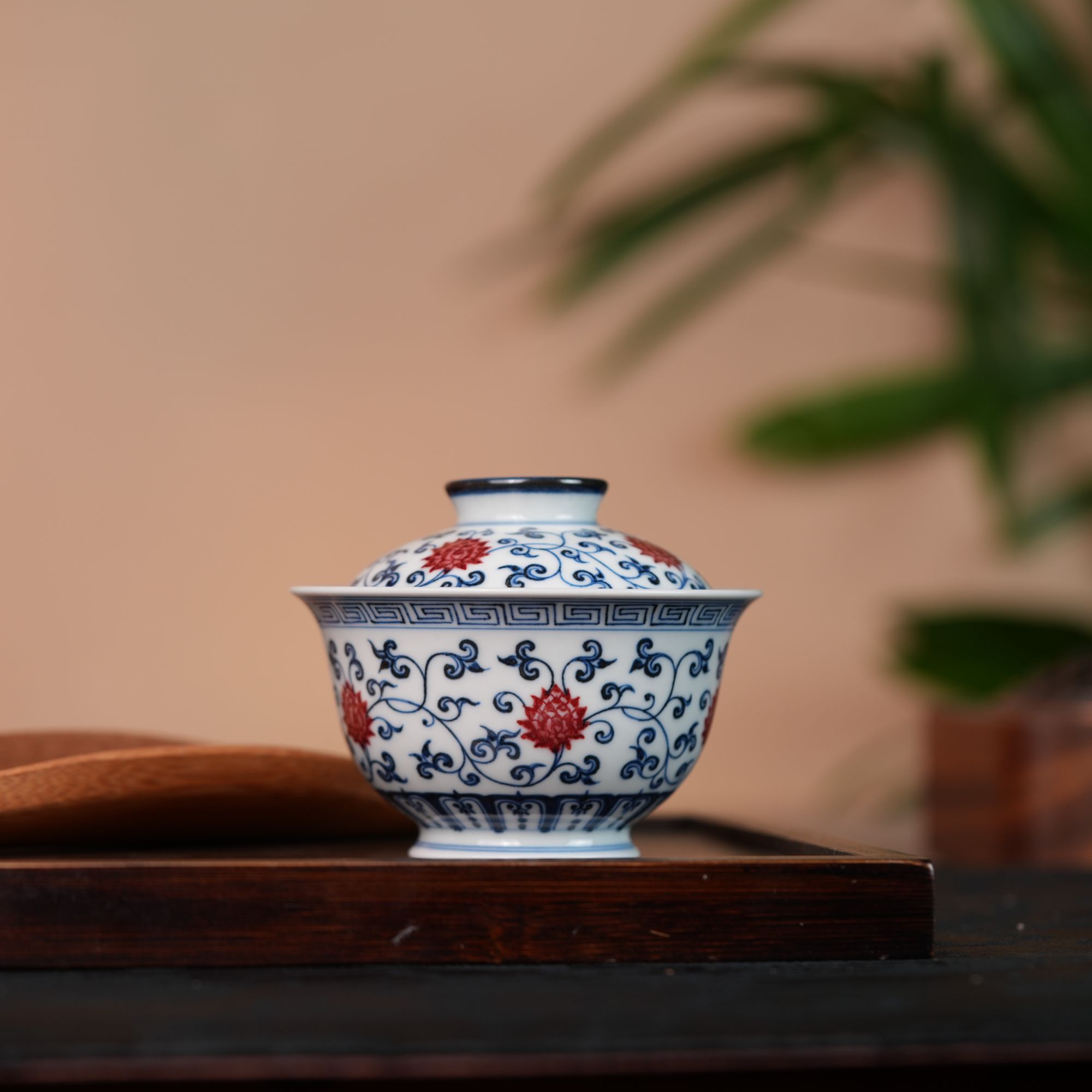 片雲晚谷片云晚谷青花釉里红缠枝莲元宝盖碗陶瓷茶具顺丰包邮