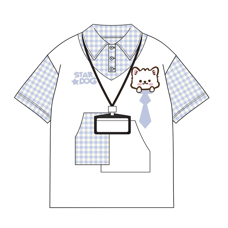 学院风POLO领假两件刺绣小狗短袖t恤女夏小众设计感宽松情侣上衣