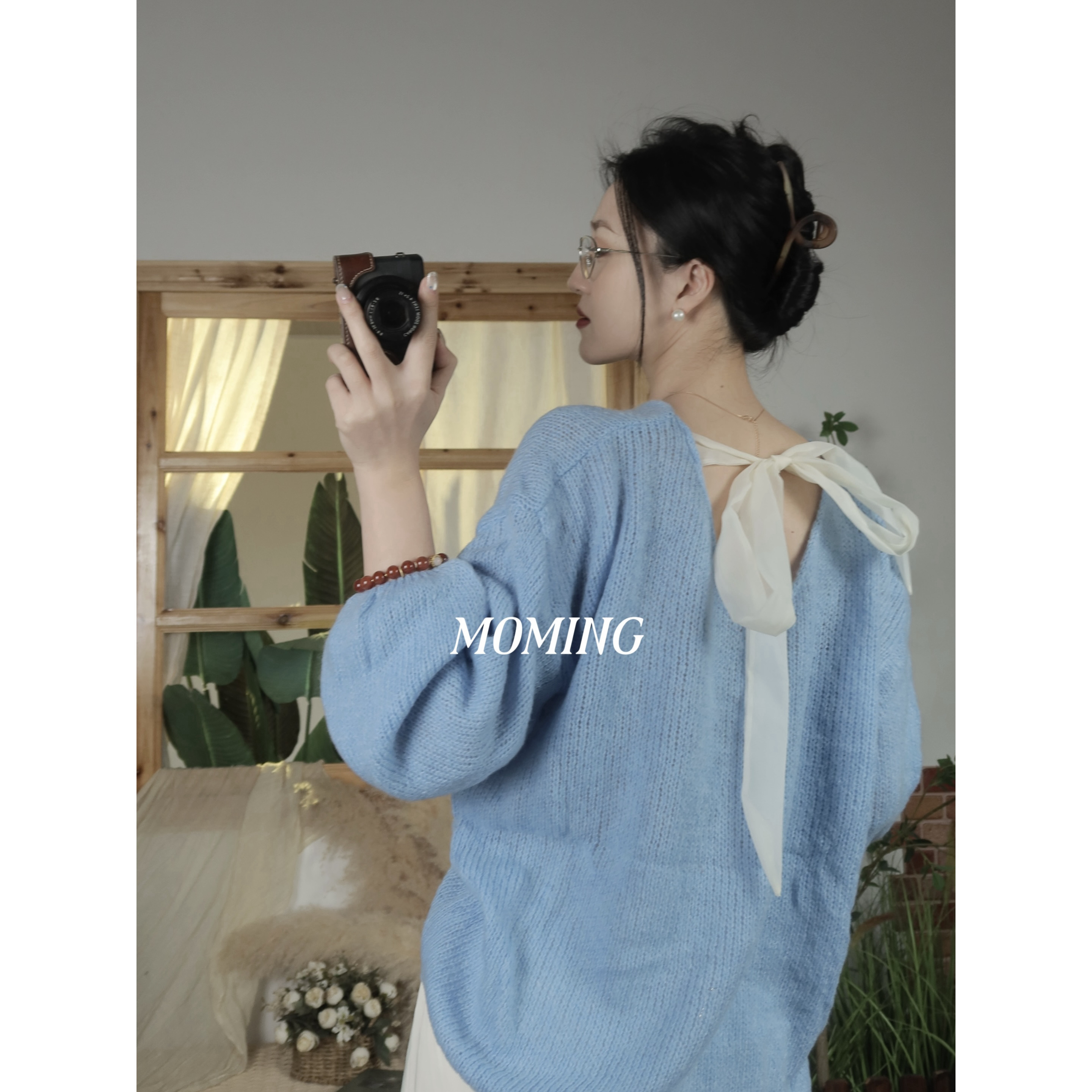 MOMING春季新品 仙境花园 设计款简约灵动后背绑带蝴蝶结针织毛衣