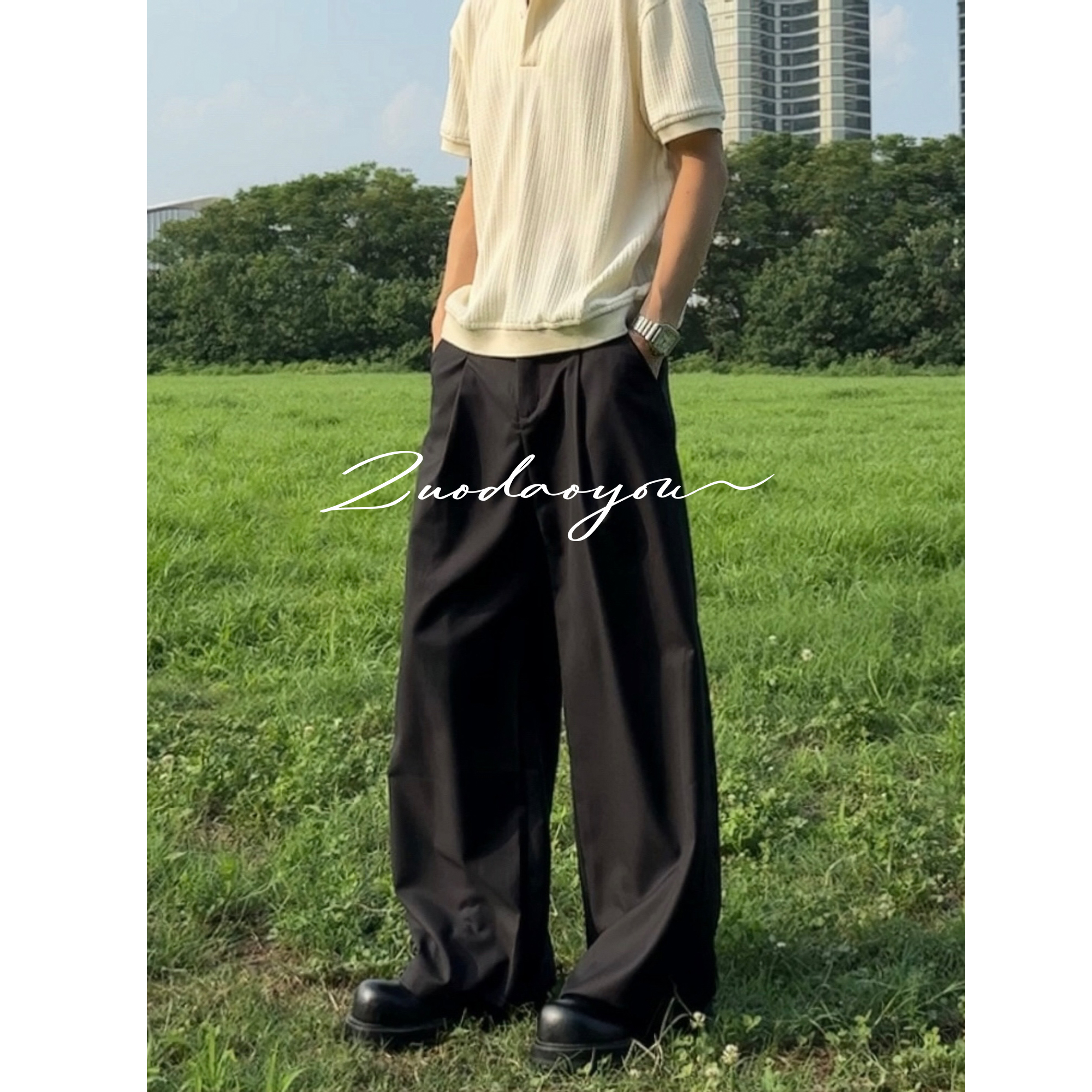 老钱风西裤休闲裤夏季立体A字廓形双层褶直筒宽松cleanfit黑色