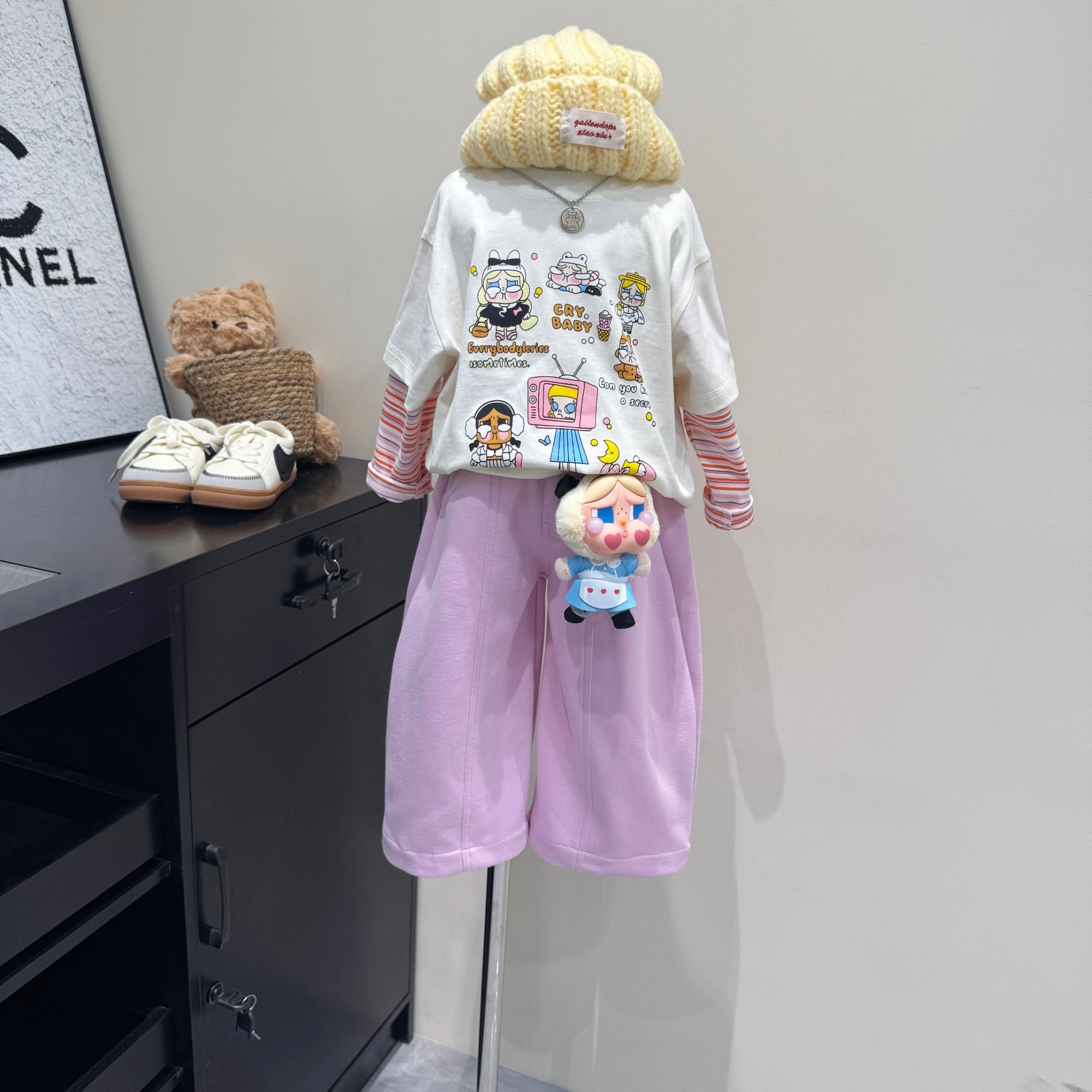 现货~女童卡通T假两件上衣秋季新款裤子套装Q5-180/Q5-130