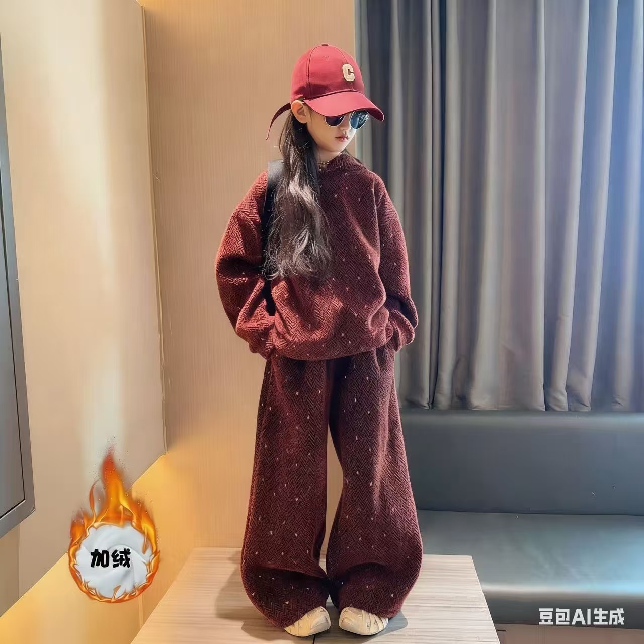 女童加绒两件套2025年新款儿童冬装加厚连帽外套长裤阔腿裤套装