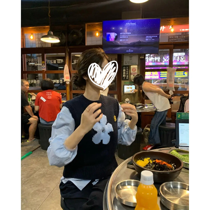 小花假日~粗针立体针织背心叠穿衬衫松紧高腰宽松直筒裤秋季套装