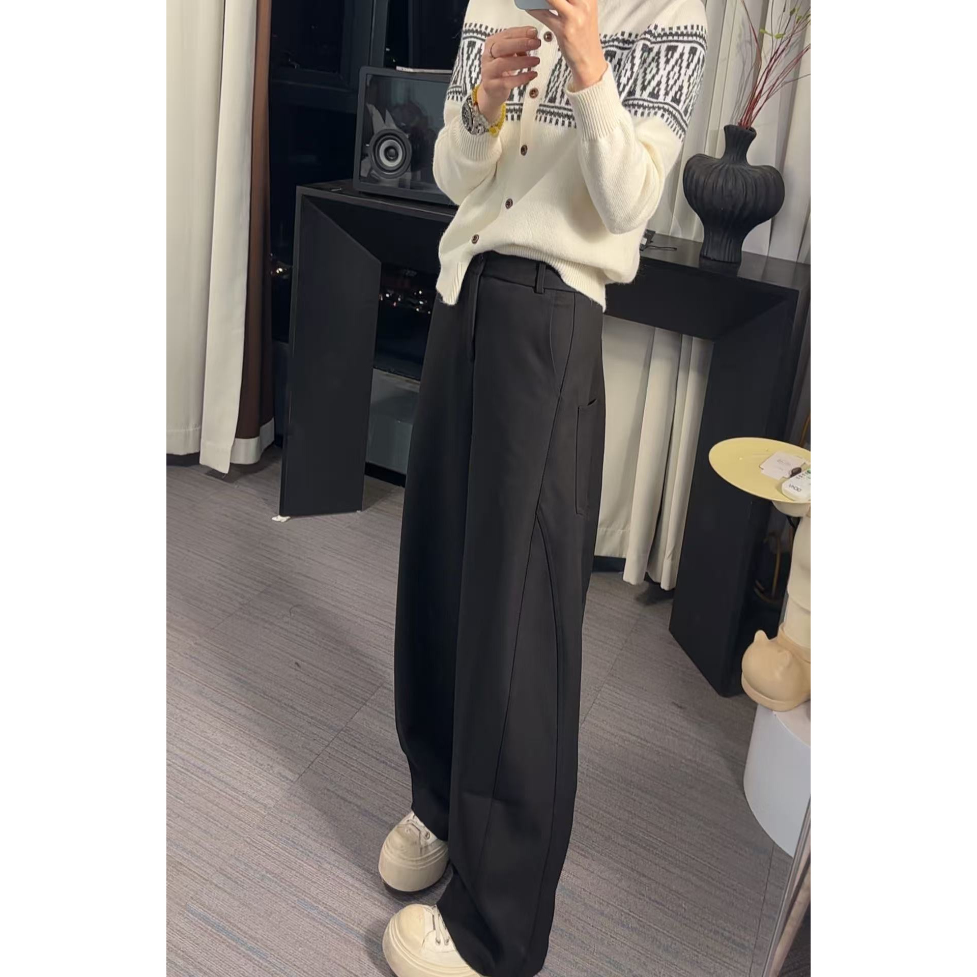 25155 绵羊毛混纺分割修饰腿型加厚弯刀裤直筒裤