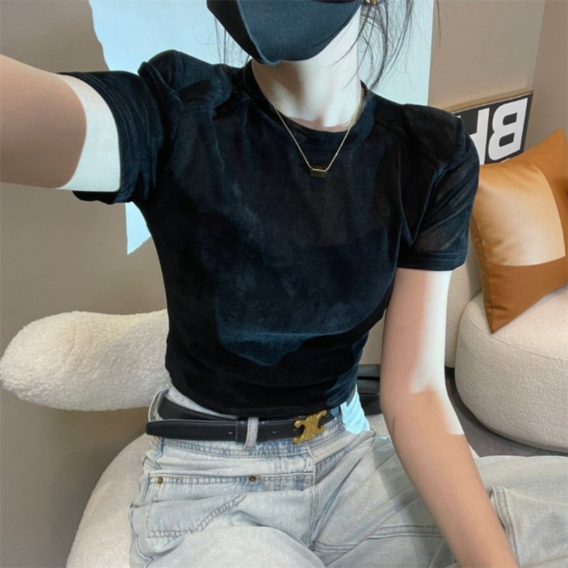 法式夏季修身辣妹短款丝绒上衣女复古镂空显瘦气质短袖T恤上衣潮