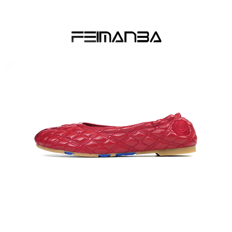 FEIMANBA基石系列 菱格刺绣缝线羊皮女士芭蕾鞋 圆头平底单鞋