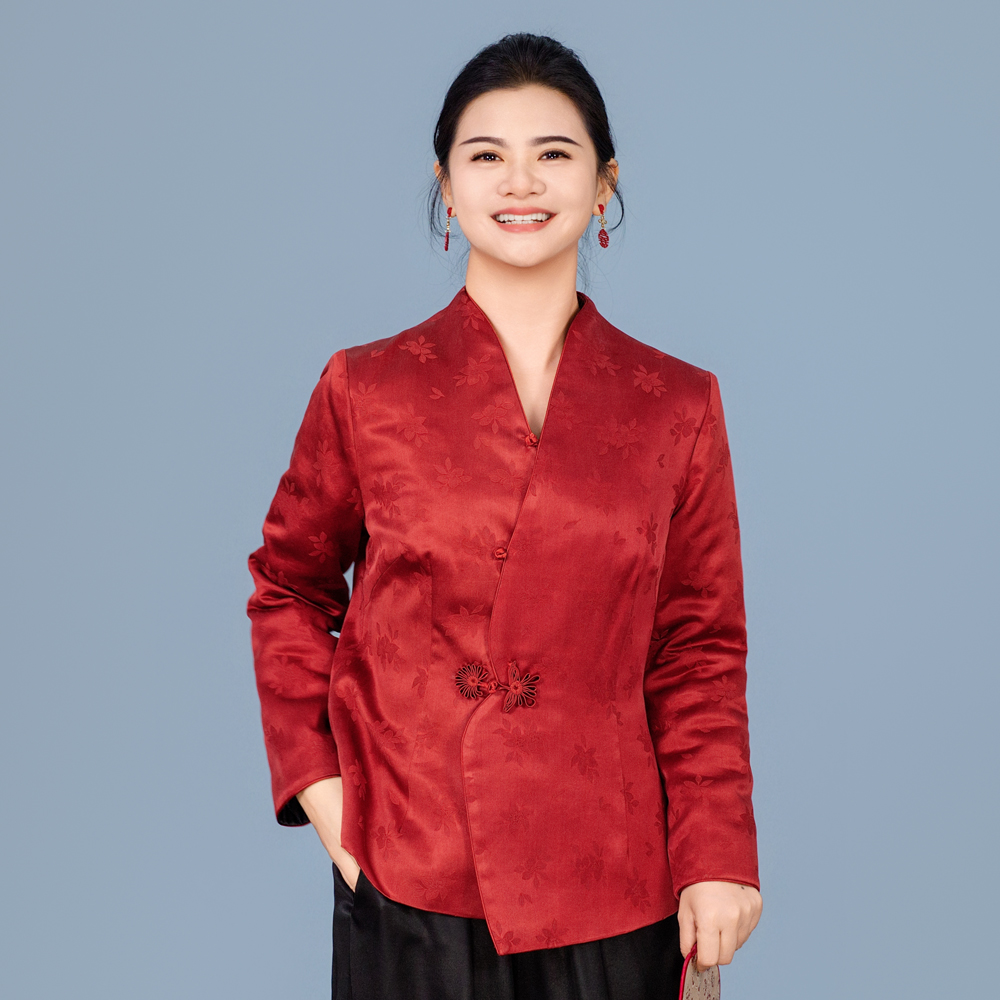 【 汉韵轩】纯色花纹长袖短款上衣时尚春季女装唐装秋季250939W