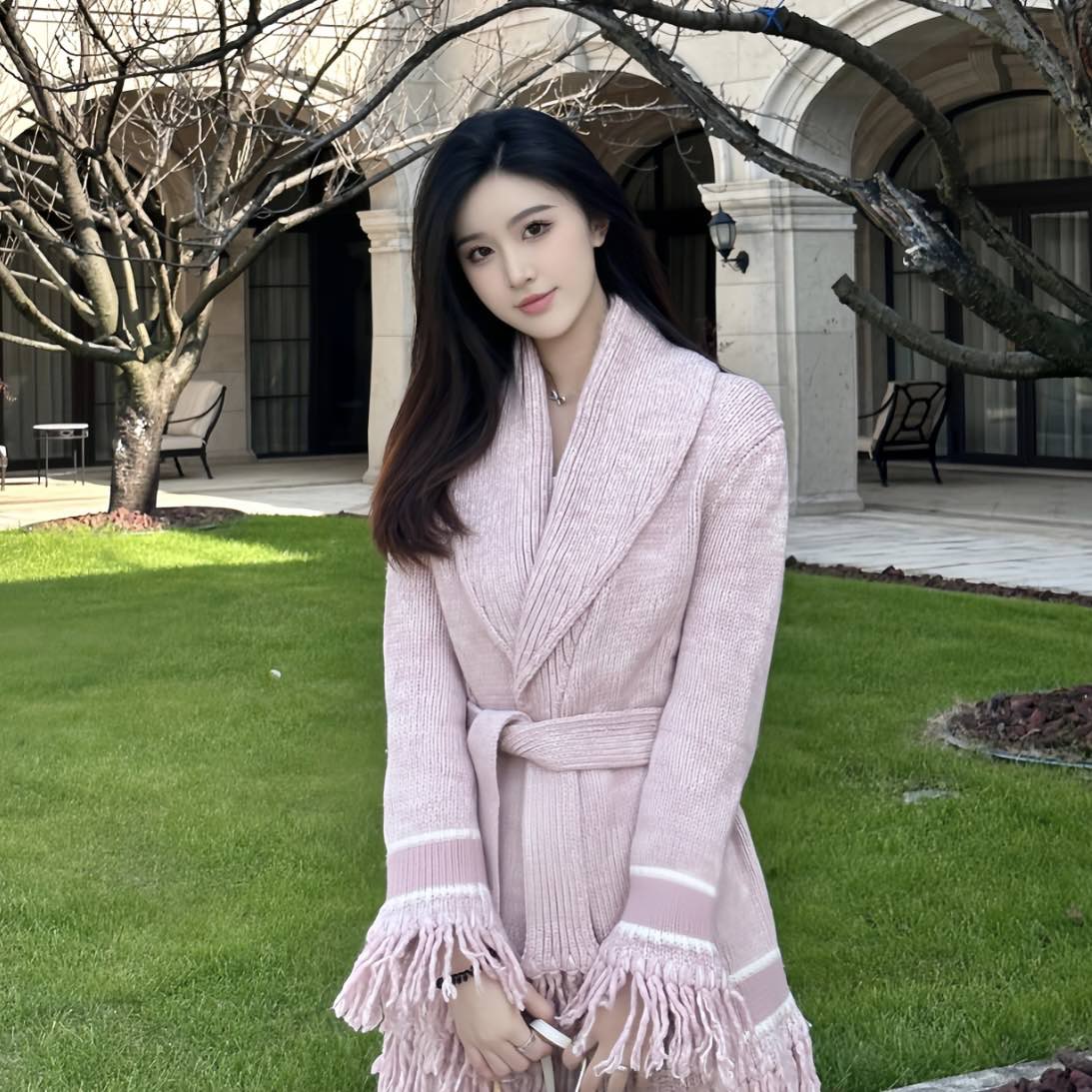 全新未使用 DIOR/迪奥 积分-288汤/P205742233/裸粉流苏设计开衫
