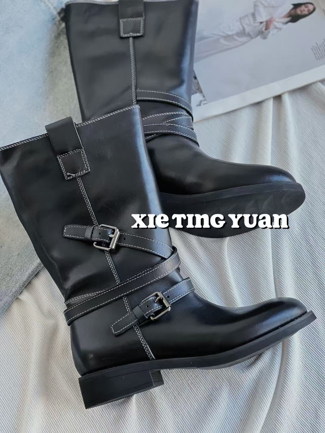 微瑕显瘦皮带扣酷飒中长筒骑士靴女6381