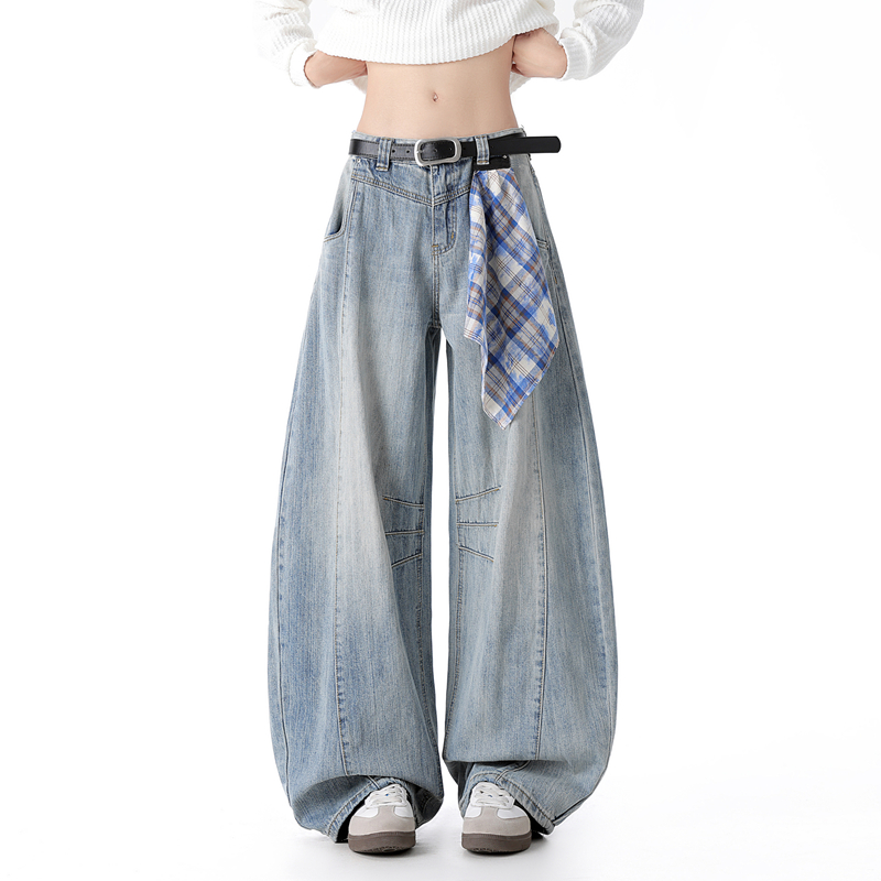 NOMIO美式复古水洗做旧弯刀牛仔裤女秋季新款宽松显瘦直筒阔腿裤