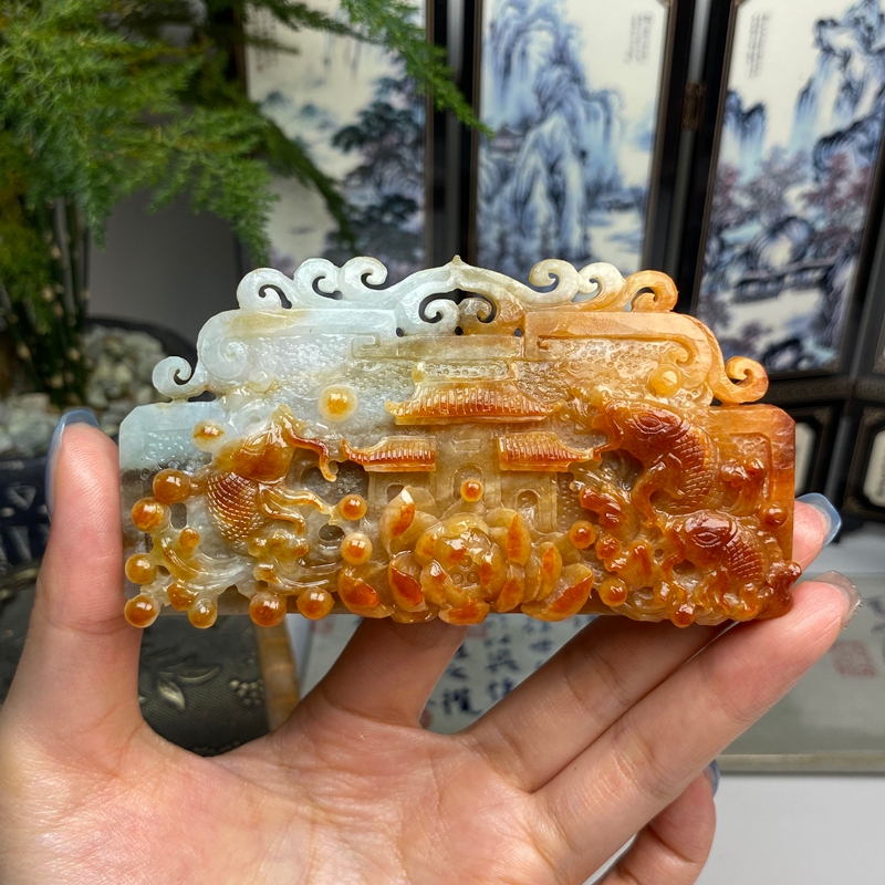 毛货  老料俏色红黄翡飘花鱼跃龙门玉横挂件 天然翡翠A货
