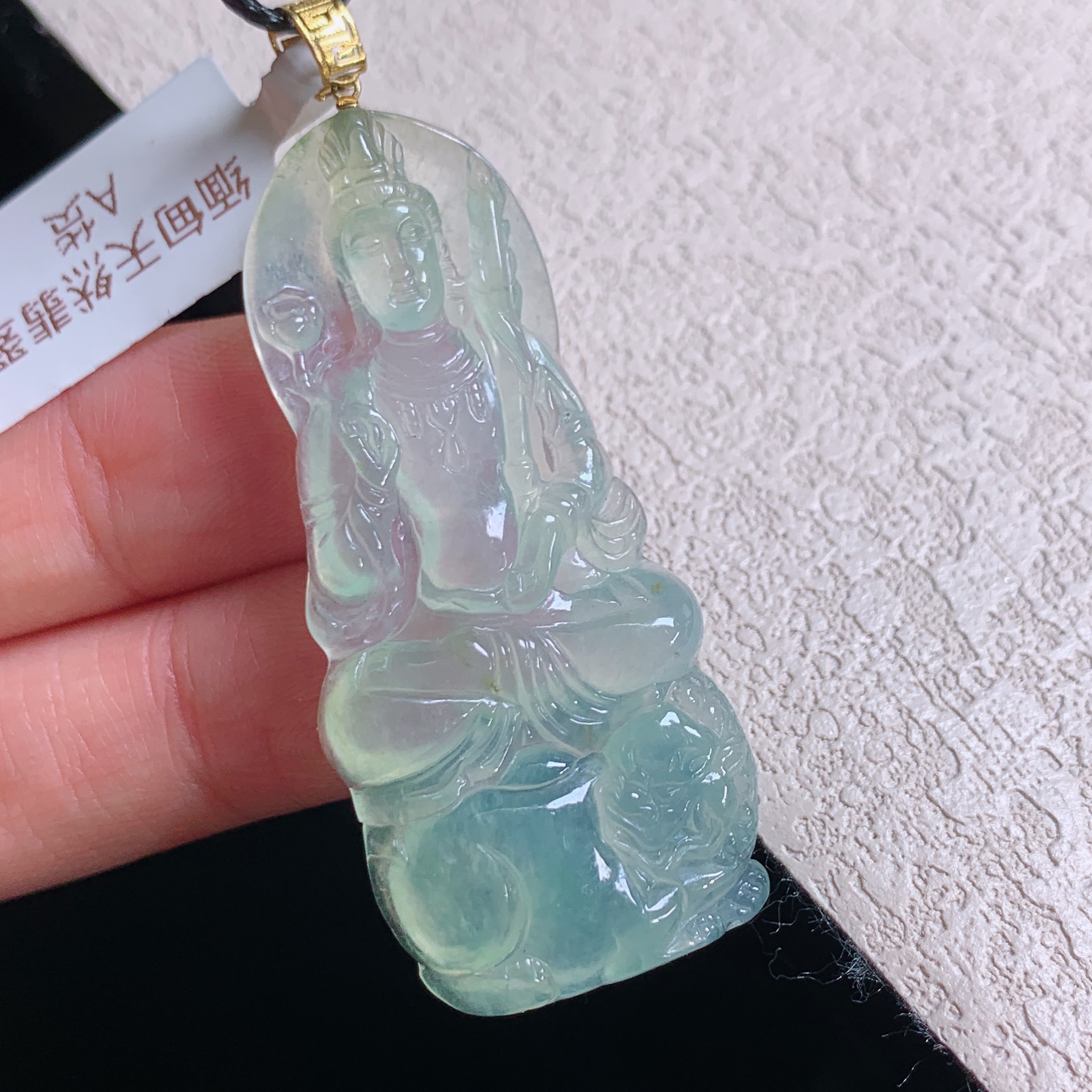 缅甸天然翡翠A货老坑冰种黄翡文殊观音吊坠高品质精雕48×21.2×5