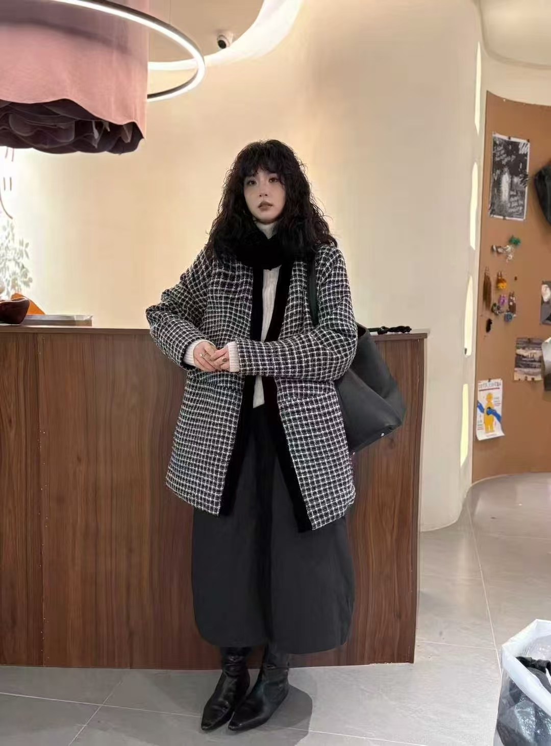 别出新裁新款围脖千鸟格羽绒服K226  衣长84