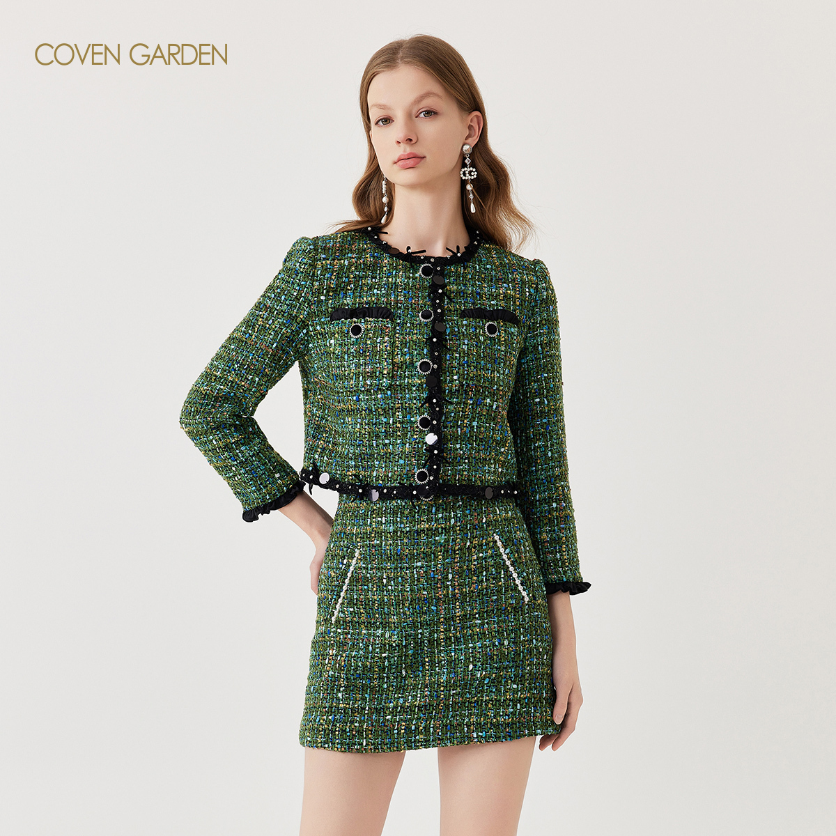 哥文花园 绿色花呢小香风复古外套女 CLC1341258