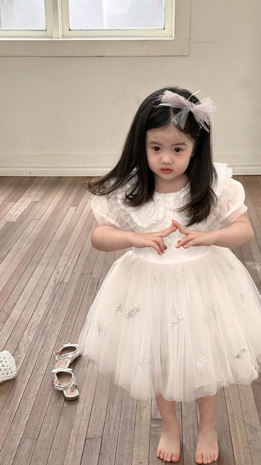 女童白色公主裙蕾丝翻领仙女生日礼服纱裙洋气童装