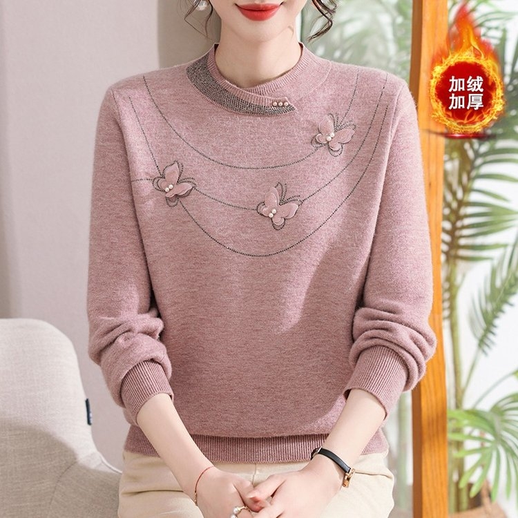 妈妈冬季新款加绒保暖洋气蝴蝶结女装中老年宽松加厚半高领打底衫