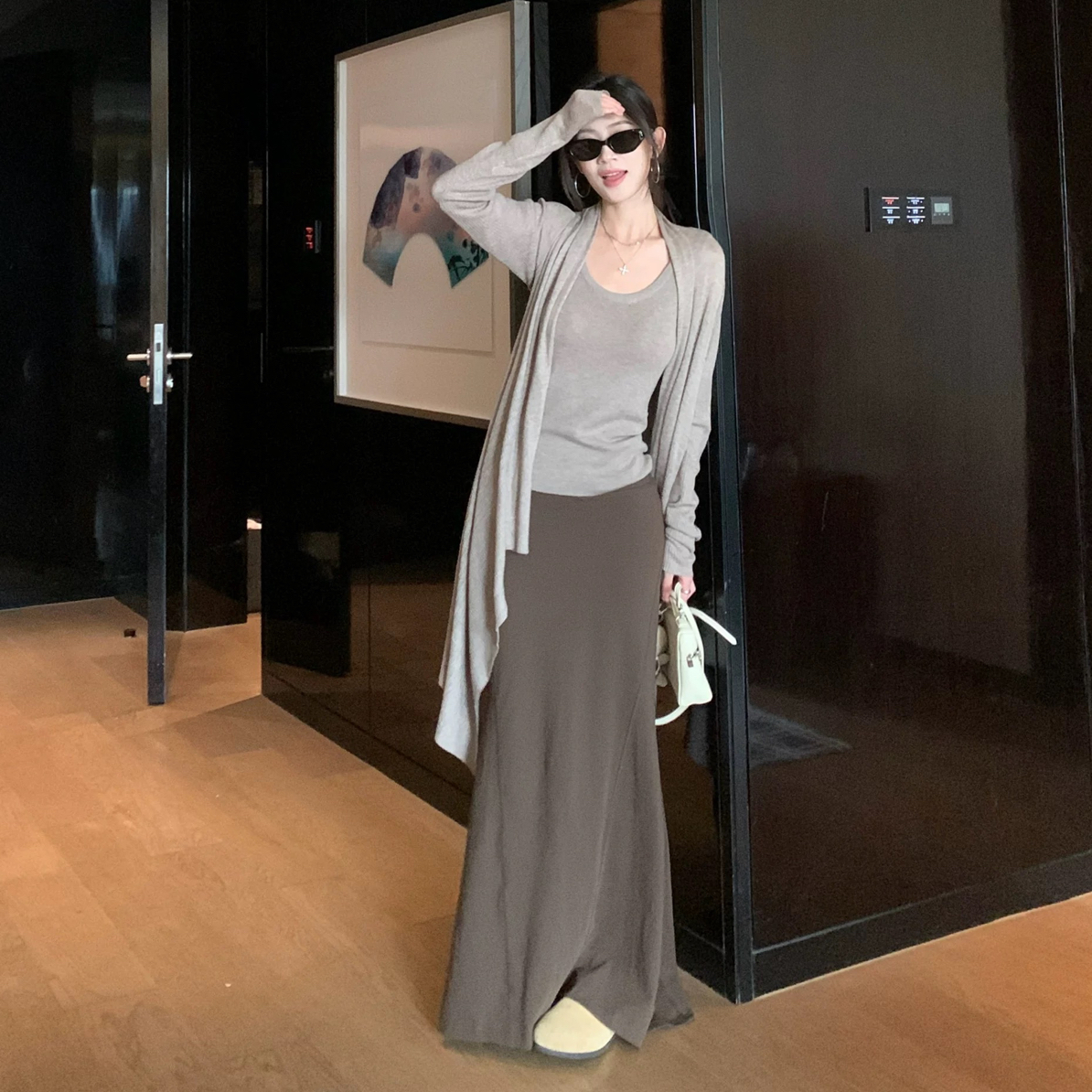 温柔风套装薄款开衫外套内搭背心鱼尾裙#11400