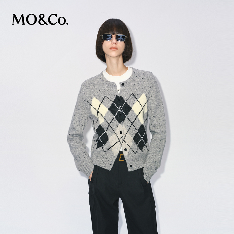 MOCO针织衫开衫2025冬新品费尔岛毛衣菱格纹含绵羊毛MBE4CAR022