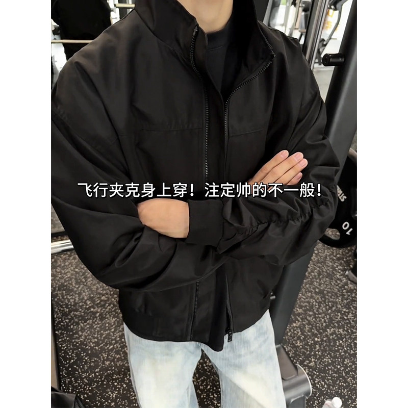 黑色短款工装外套男潮高级感秋季美式飞行教练夹克三防立领冲锋衣