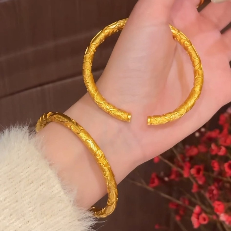  浮雕牡丹开口手镯 轻奢复古百搭经典古法新中式