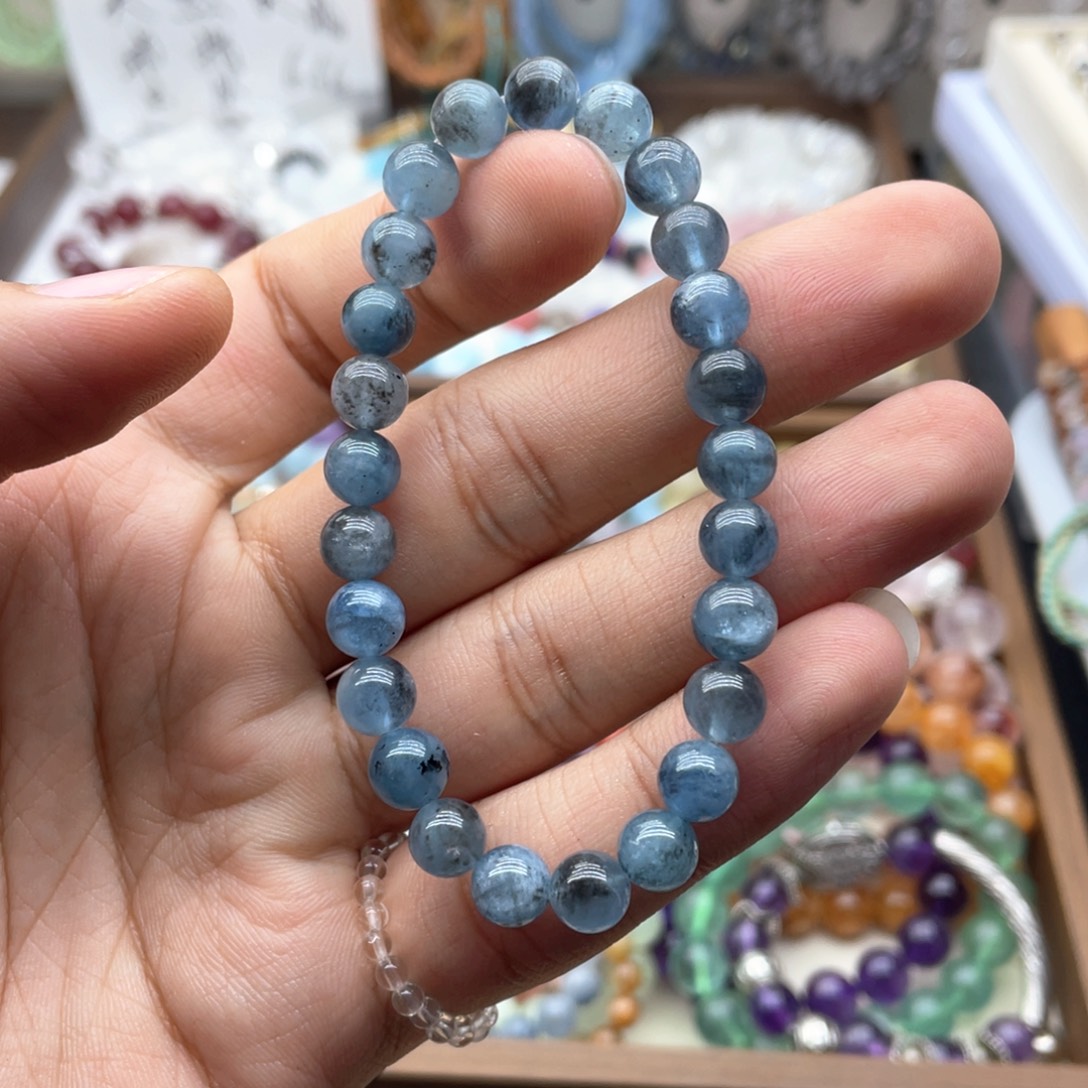 烟晶手链未镶嵌8咪黑爆闪海蓝宝