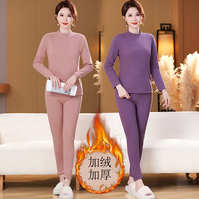 男女同款中领加绒加厚保暖套装修身舒适中老年内穿秋衣秋裤大码