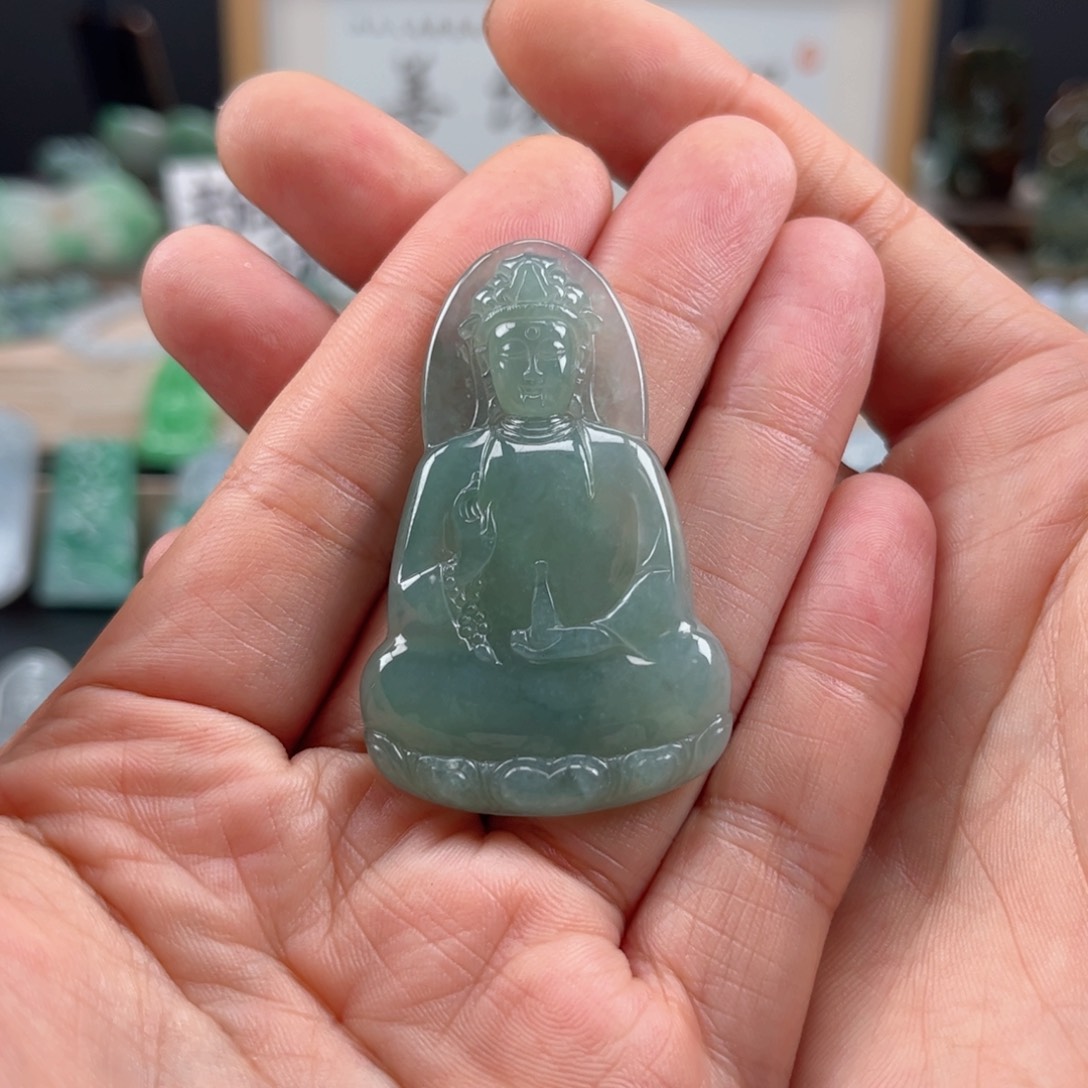 翡翠颈饰未镶嵌素衣观音缅甸天然Ａ货翡翠蓝水料