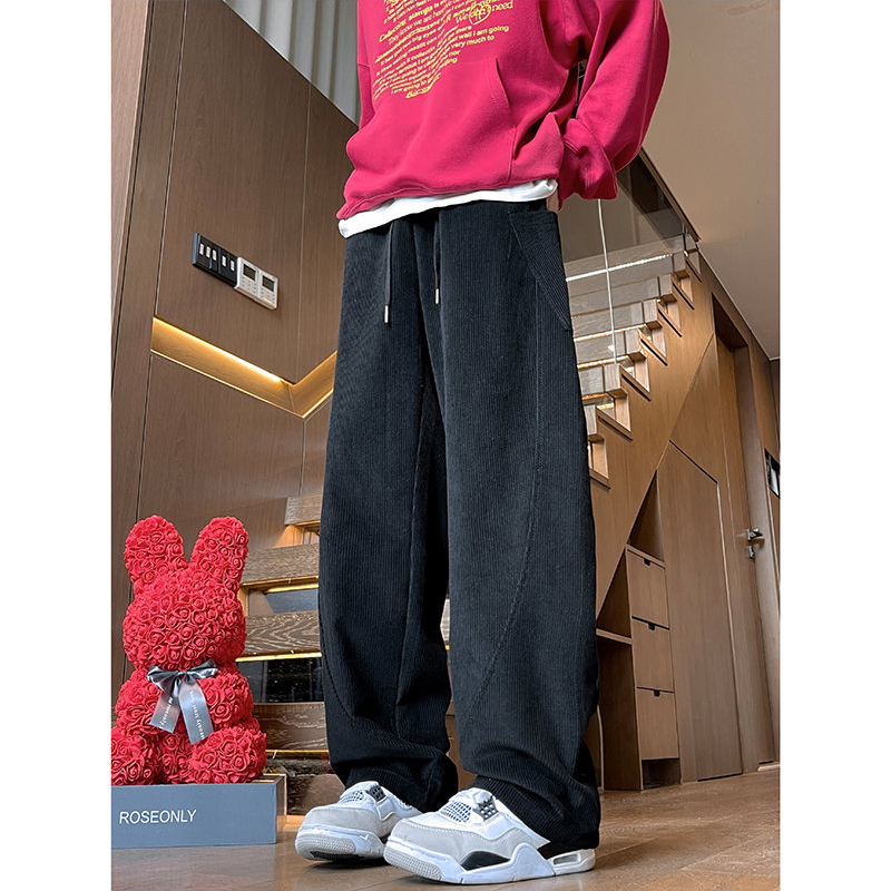 冬季潮流男士新款纯色简约拼接灯芯绒保暖日常宽松百搭直筒休闲裤