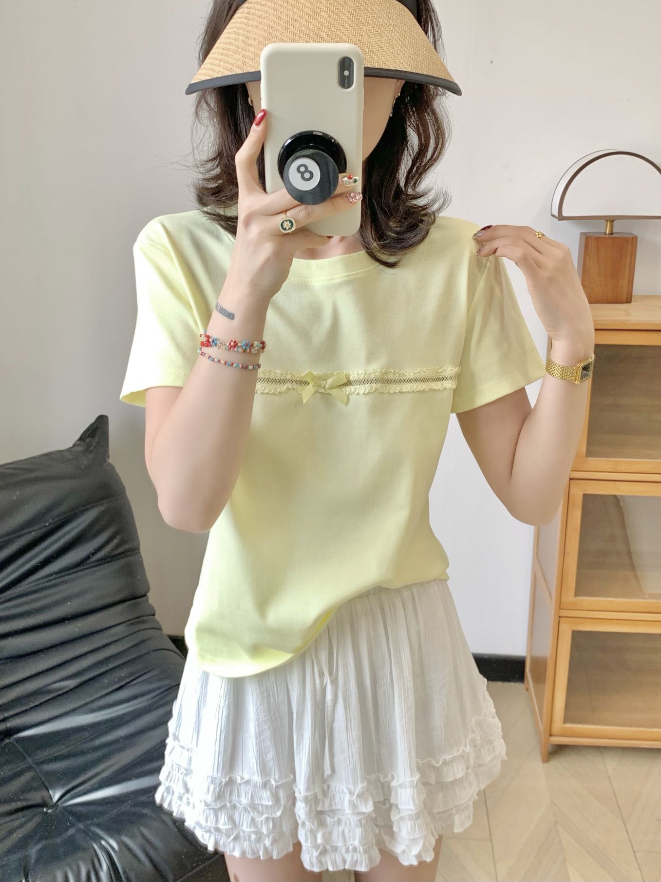 程程甄选 夏季设计款蝴蝶结蕾丝镂空修身百搭T恤8388