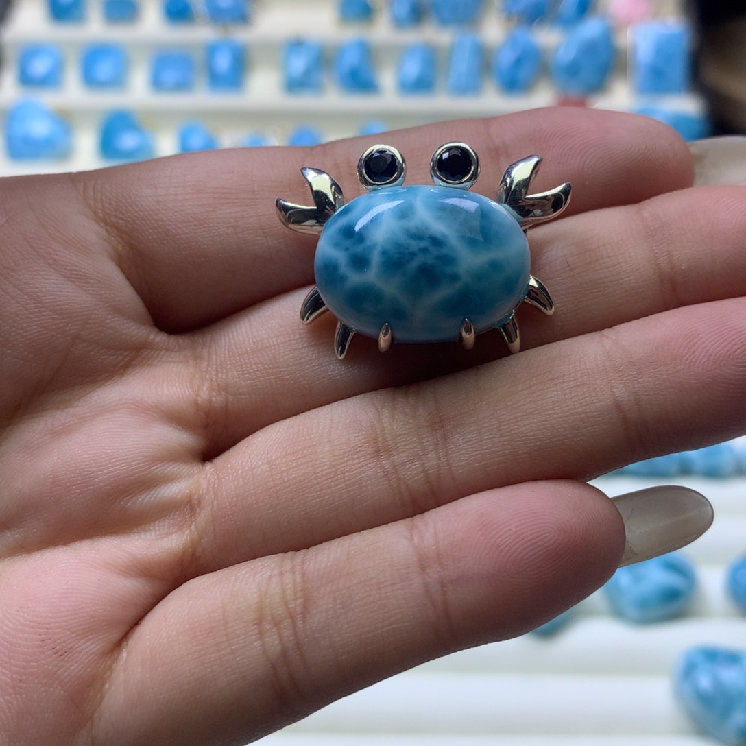 针钠钙石（海纹石）银S925镶嵌颈饰胸针吊坠两用款