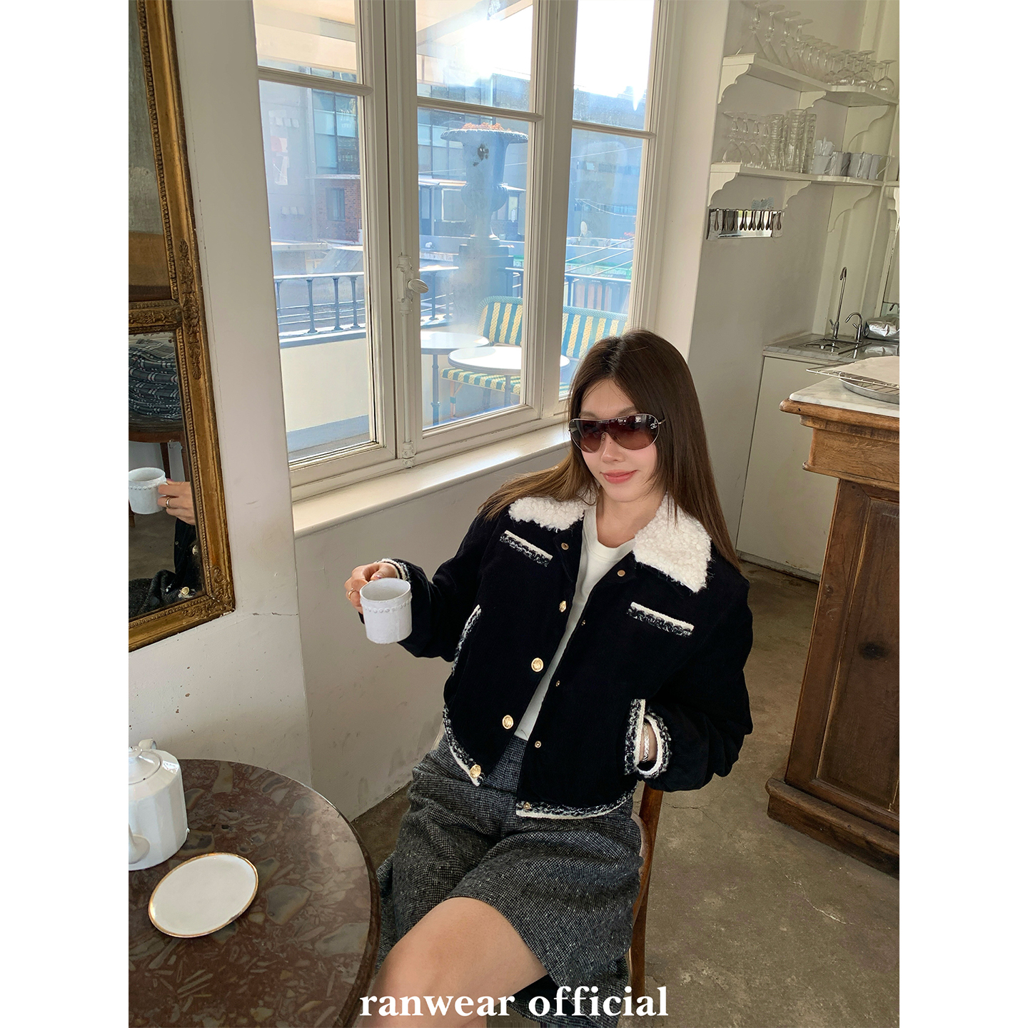 Ranwear香榭巴黎 香家anna同款90白鸭绒灯芯绒羊羔毛翻领短羽绒服