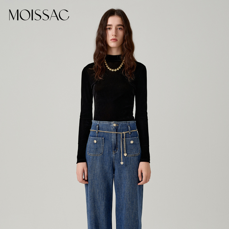 【陈大可】商场同款 摩萨克冬植绒黑色套头修身打底衫内搭T恤女