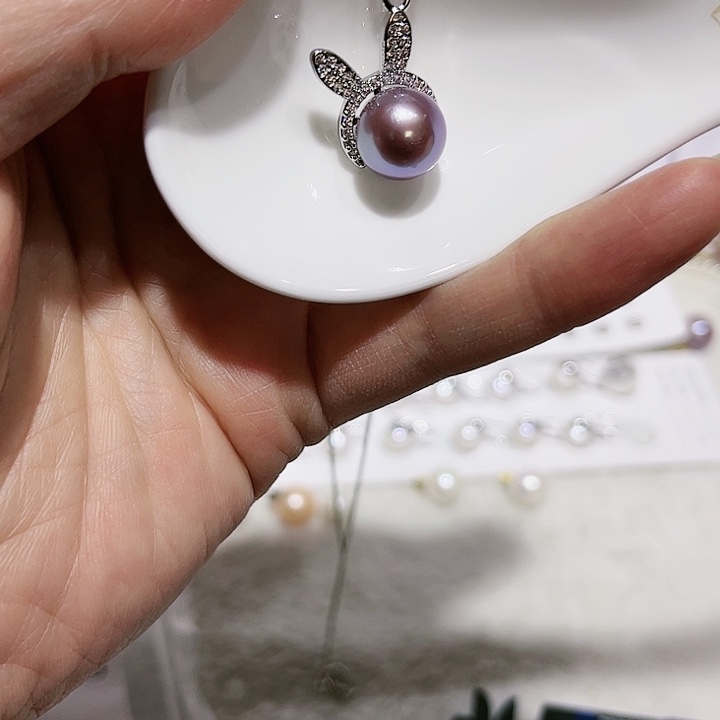 淡水珍珠紫珠兔耳朵吊坠银S925镶嵌